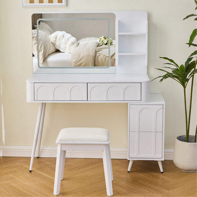 Modern Makeup Vanity Desk With Led Lights Mirror,4 Drawer Dressing Table Set With Stool,3S Dimmable Brightness,Space-Saving For Bedroom,White