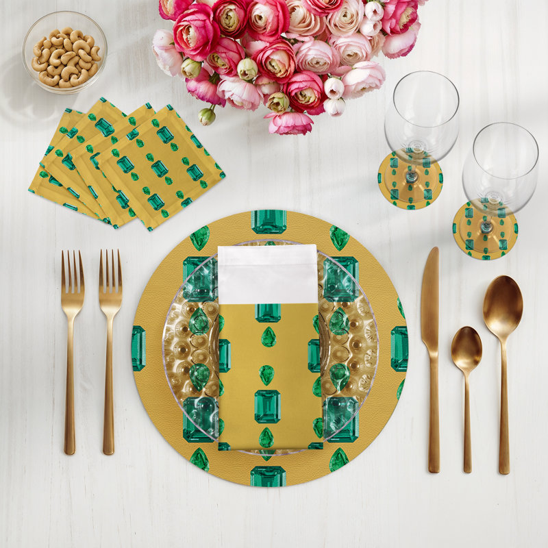 Gem Emeralds Gold Vegan Leather Round Coasters, Gold