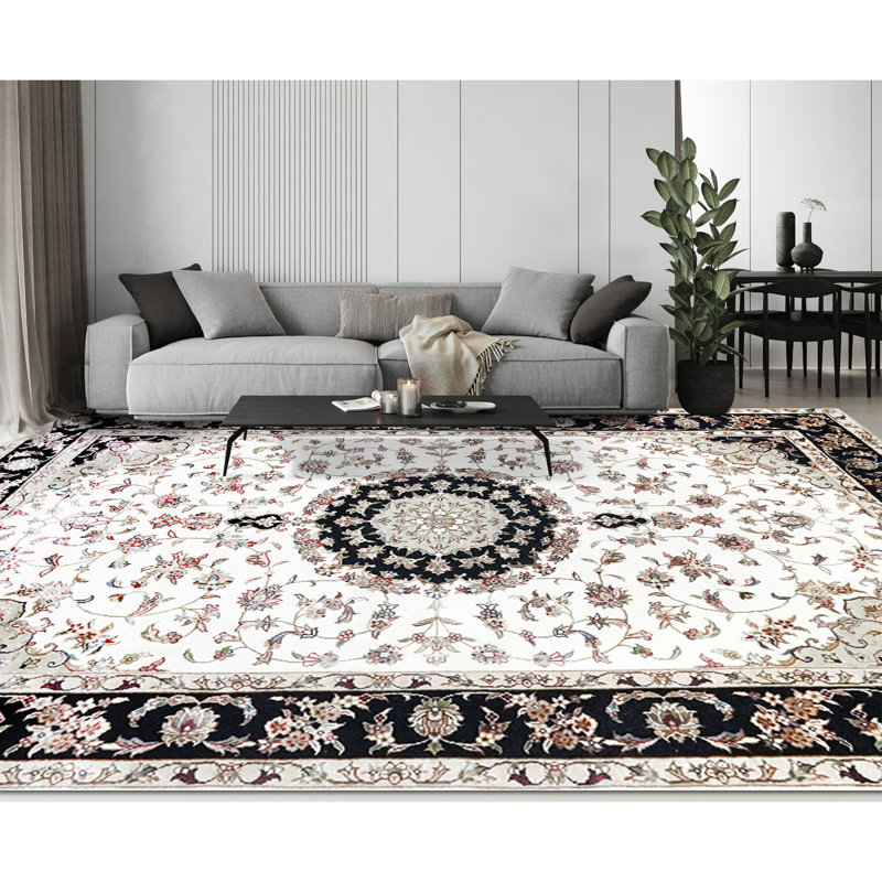 Hand-Knotted High-Quality White and Black Area Rug