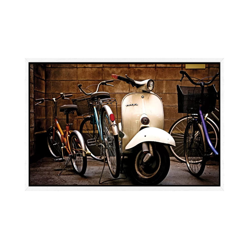 Vespa With Bikes - Print on Canvas, 66.04 cm H x 45.72 cm W, White Framed