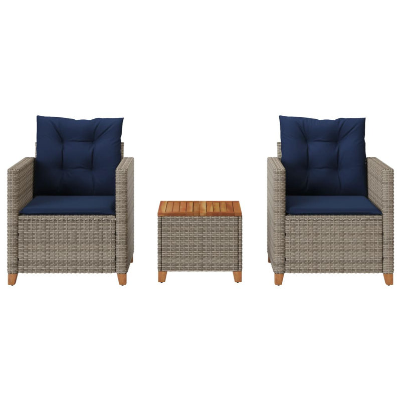 Latitude Run® 3 Piece Bistro Set With Cushions Gray Poly Rattan Acacia Wood