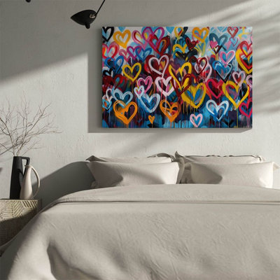 1pc Framed Valentine's Day Canvas Wall Art Prints Poster, Graffiti Hearts Art Posters Canvas Print Painting for Living Room Bedroom Office Bathroom Do