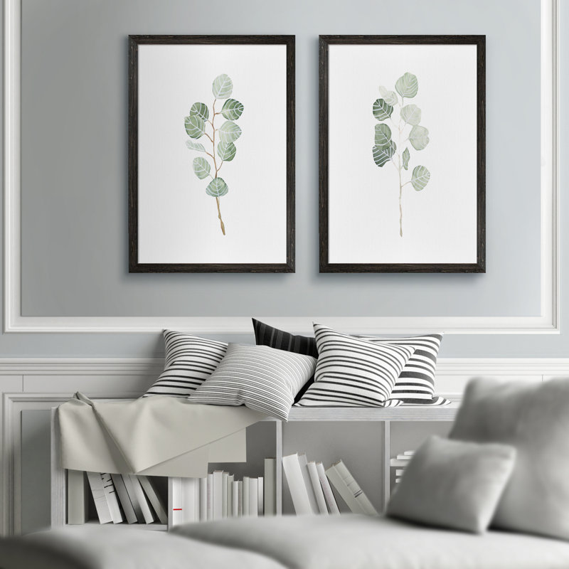 «Soft Eucalyptus Branch III» par Vincent Van Gogh - ensemble de 2 reproductions d'art encadrées, Toile avec encadrement ébène
