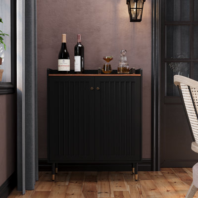 Modern 32 inch Wide Coffee Bar Cabinet with Wine Storage, Liquor Cabinet with Glass Holder & Grid Rack, Fluted Sideboard Buffet Cabinet for Kitchen Dining Room, Living Room