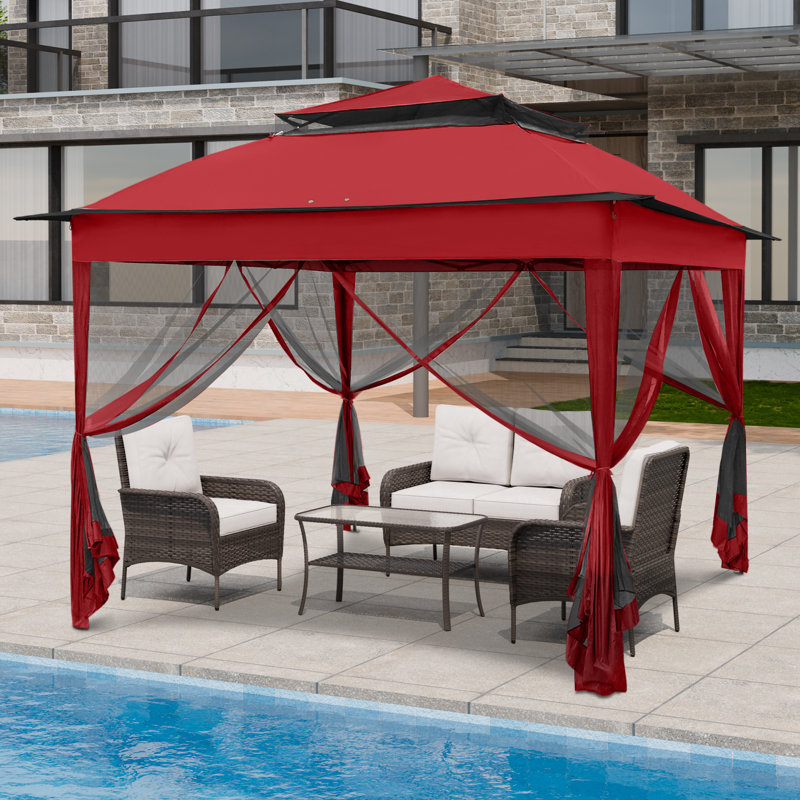 11 Ft. W x 11 Ft. D Outdoor Pop Up Soft Top Steel Patio Gazebo with Netting, Red