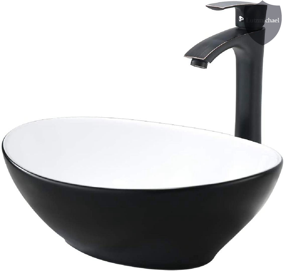 Bathroom Black Ceramic Vessel Sink Round Basin Bowl Combo Mixer Faucet  Drain Set