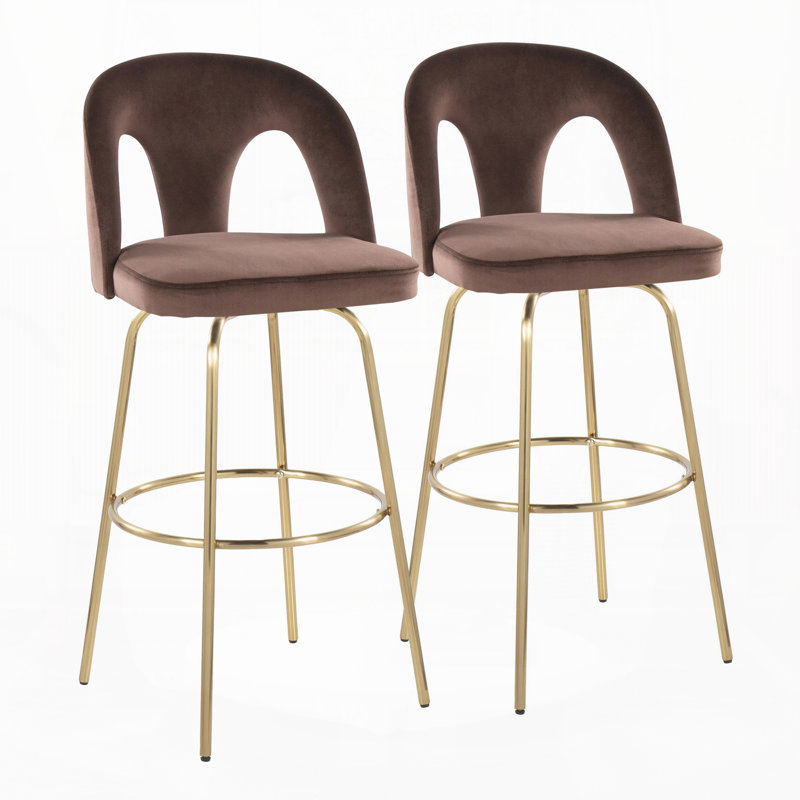 Tabouret de bar à hauteur fixe pivotant en métal doré et velours espresso avec repose-pieds ronds en métal doré, lot de 2