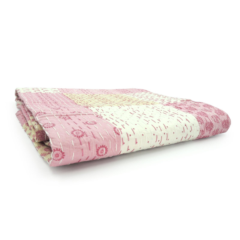 Knitted Cotton Patchwork Throw Blanket, Pink