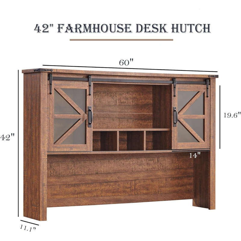 42" Farmhouse Hutch With Sliding Barn Door Only Match Farmhouse Desk, Reclaimed Barnwood