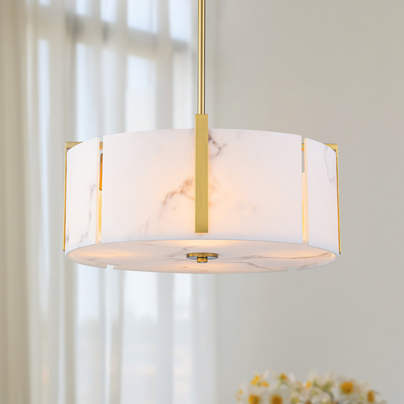 Lustre tambour 4 lumières faux albâtre, Doré