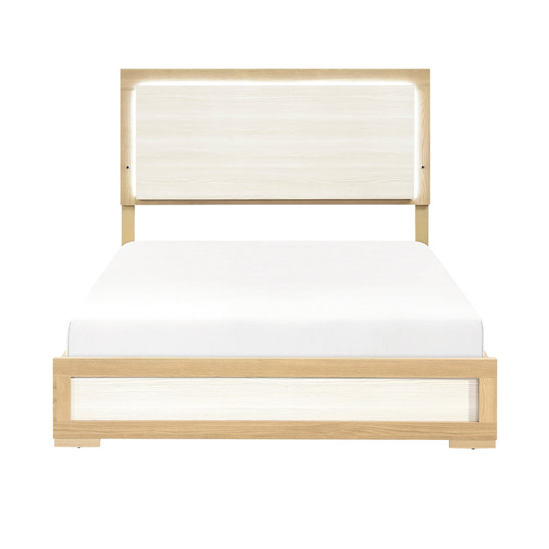 Grand lit, contemporain, lit, tête de lit à panneau à DEL, finition naturelle et blanche, papier 3D, bois, stratifié, utilisation dans la chambre à coucher, couleur du sommier, fabrication en bois, décoration,