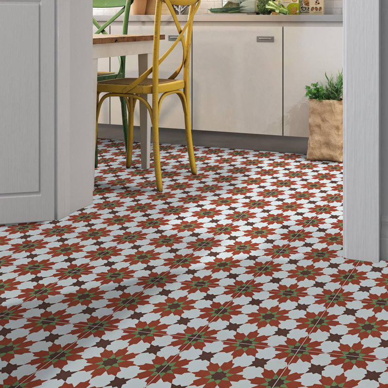 Ahfir 8" x 8" Cement Singular Wall & Floor Tile, Red/Brown/Green