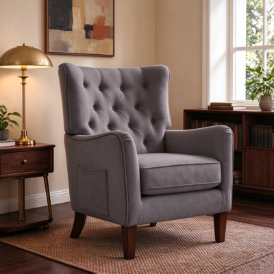 Button-Tufted Horn-Back Wingback Accent Chair, Armchair with Padded Cushion, Side Pocket and Solid Wood Legs
