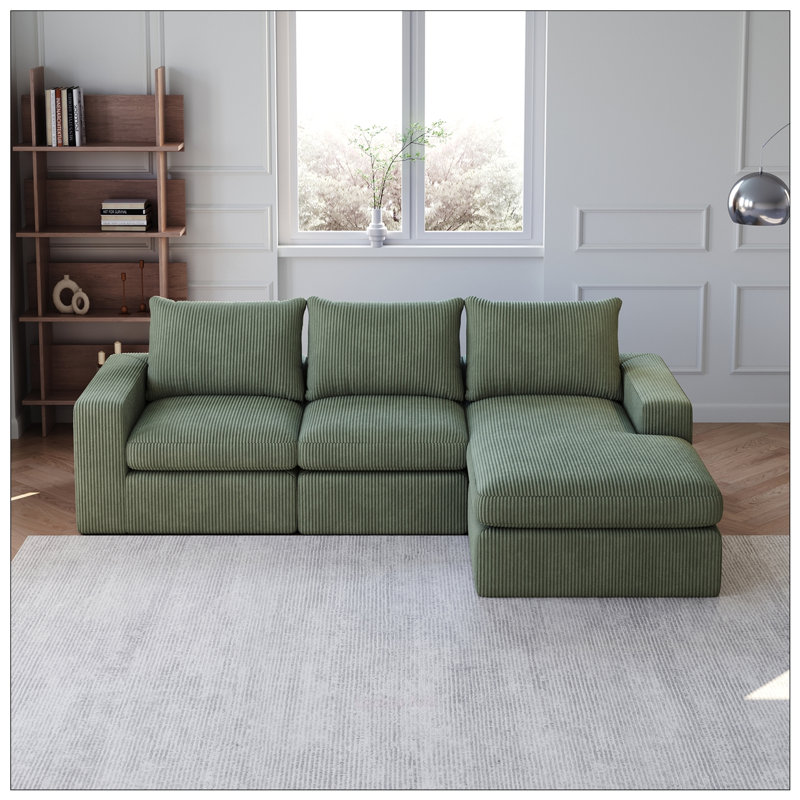 Canapé modulaire moderne avec méridienne et trois coussins pour le salon, Vert