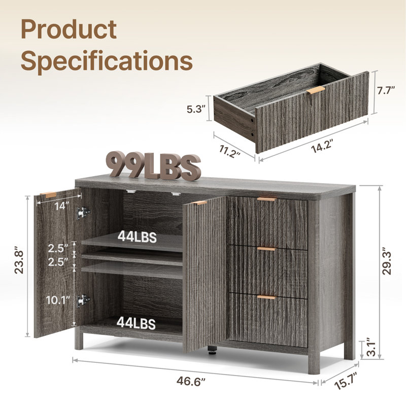 Fluted Storage Cabinet 2 Door with Drawer & Adjustable Shelf, Dark Grey