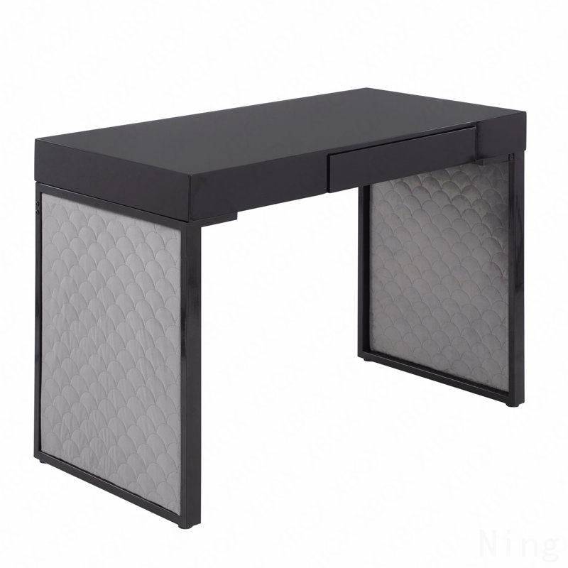 Upholstered Desk, Black Steel, Black Wood & Silver Velvet