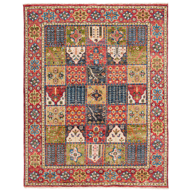 Tapis rouge / vert en laine / coton noué à la main Samarkand, Rectangle 8 pi x 10 pi