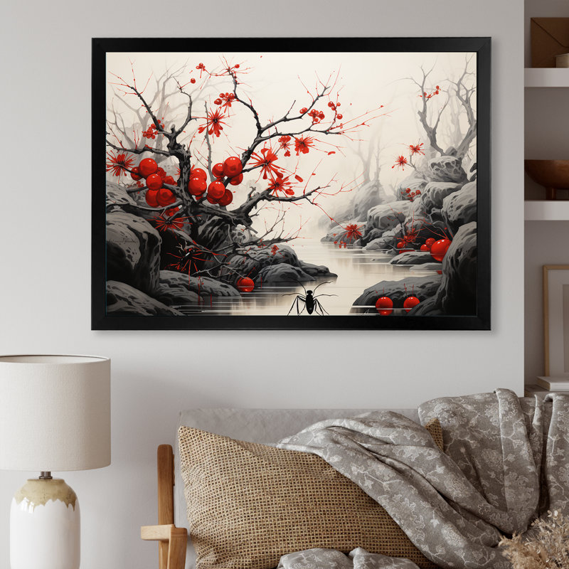 «Flamenco Foragers», art floral mural fourmis rouges, Cadre photo noir simple, H 34 po x l 44 po x P 1,5 po