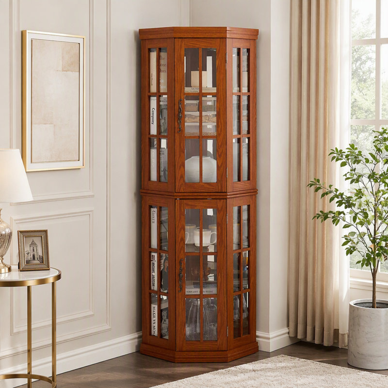 Armoire de coin haute éclairée, rangement autoportant avec portes en verre, idéale pour le salon et la chambre à coucher, Oak