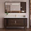 Meuble-lavabo autoportant en bois d'hévéa brun et blanc 44,09 po avec miroir-305548435