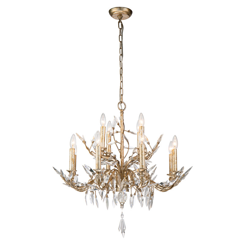 Silver And Distressed Gold 12 Light Chandelier With Flower Inspired Crystals