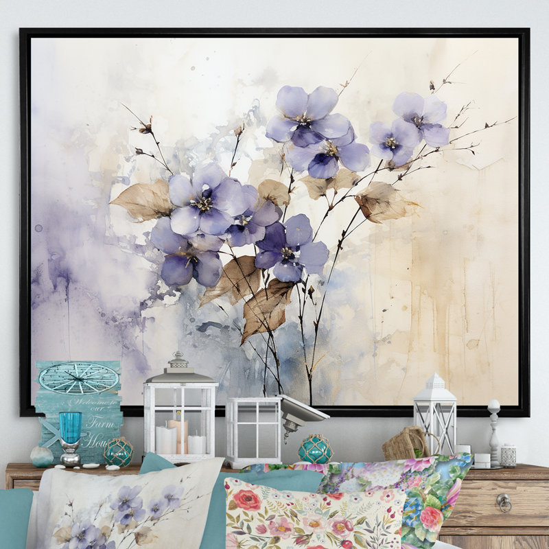 Beige et mauve orné de violettes - Violettes, reproductions encadrées, 34" H x 44" W, Cadre flottant noir