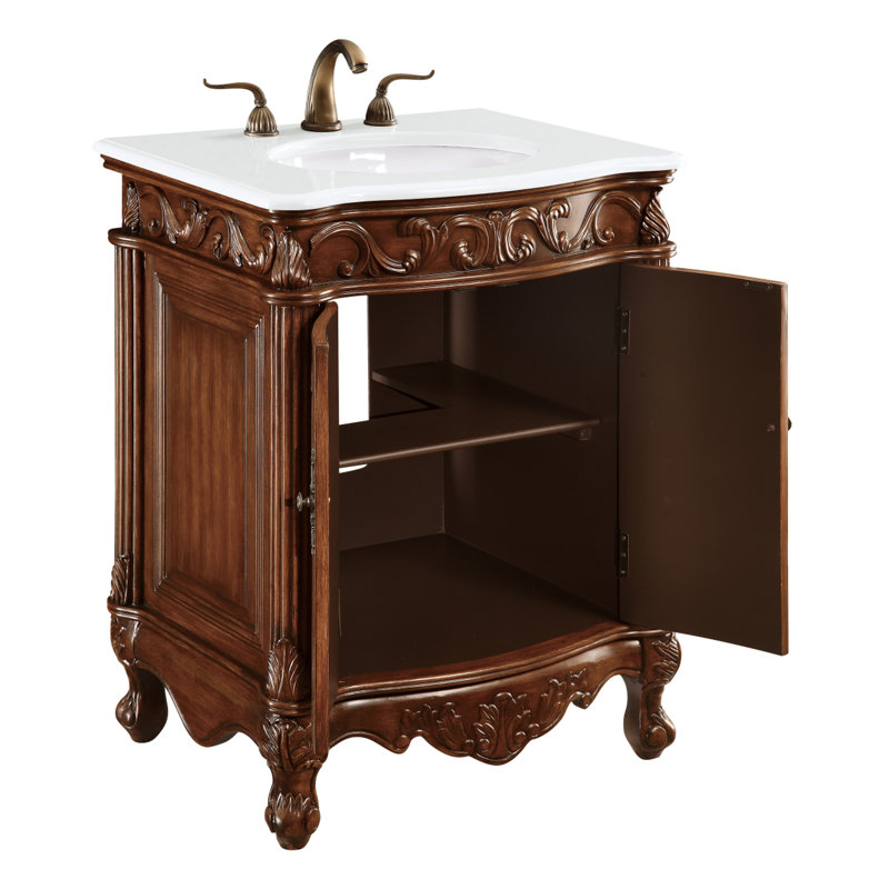 Lunette 27'' Single Bathroom Vanity with Top, Teak, Ivory White
