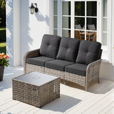 Ensemble de conversation à 3 places pour canapé en osier / rotin avec table basse lumineuse et coussins Emroy