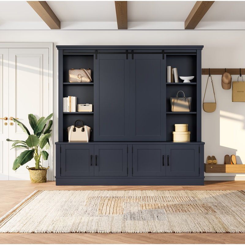 70” Large Entryway Hall Tree With Bench And Sliding Door For Entryway, Multi-Functional Storage Cabinet For Bedroom, Blue