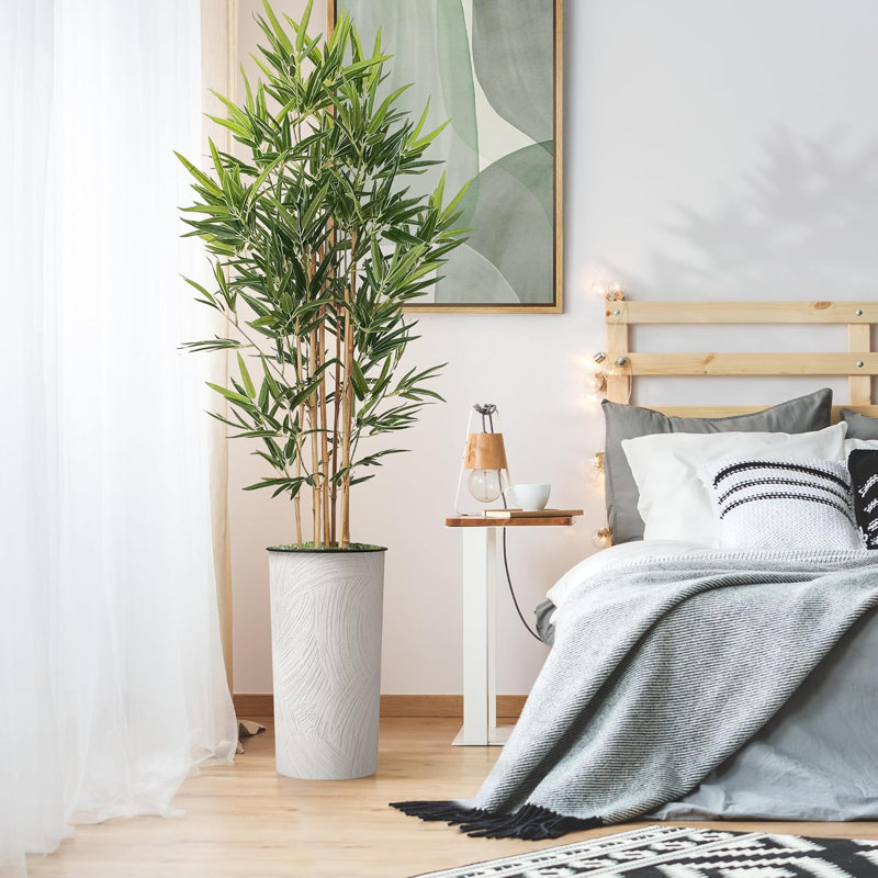 Artificial Tree in Geometric Pattern Planter Fake Bamboo Silk Tree (Plant Pot Plus Tree), Scrathes Off White