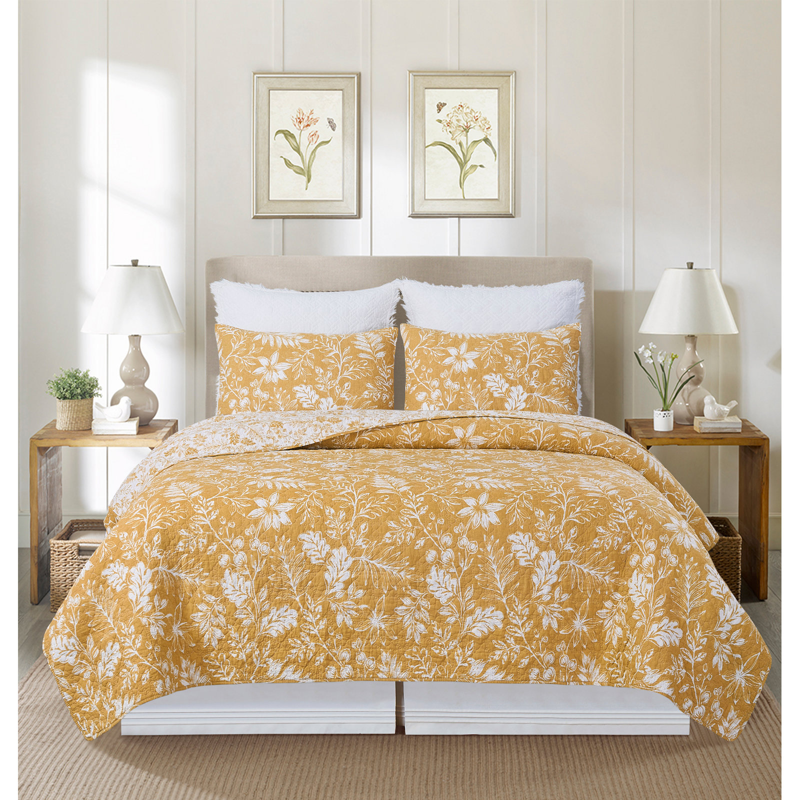 Everview Toile Cotton Quilt Bedding Set, Queen Quilt + 2 Standard Shams, Gold