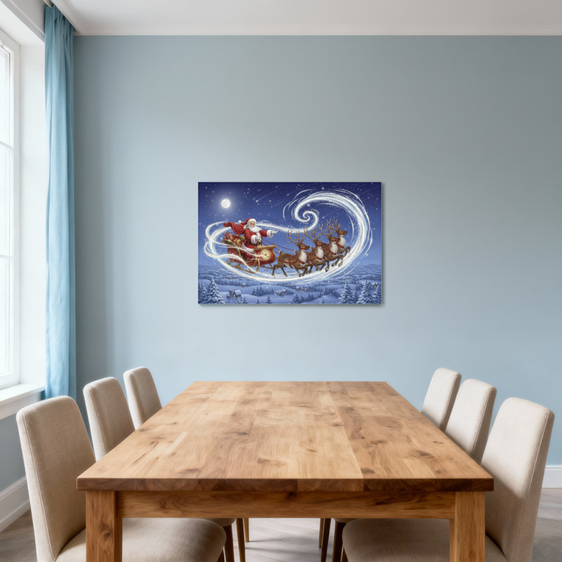 Noël, père Noël, renne, traîneau, ciel nocturne, neige, paysage, H 32 po x l 48 po
