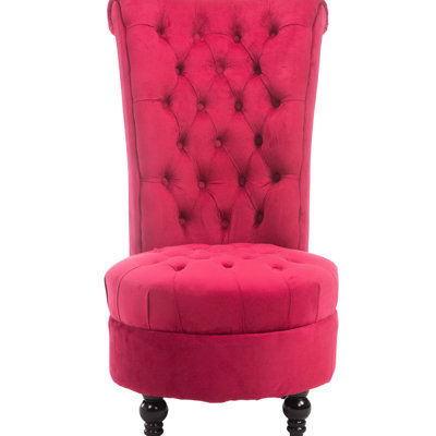 Bedroom Sitting Chair , High Back Button , Cozy Padding, Rubberwood Legs, Striking Crimson Red Chair, Upholstered With Thick Retro Button- Design For Work Space