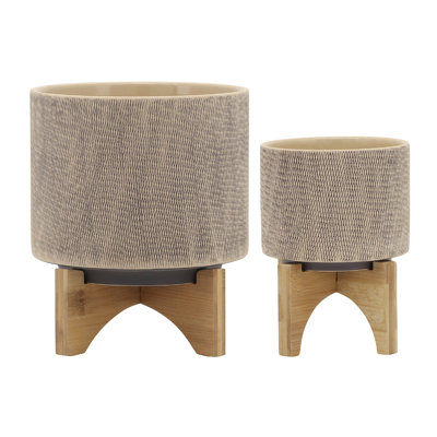 Feny Flower Planter On Stand Set Of 2, Tan Brown Mesh Ceramic 5/8 Inch