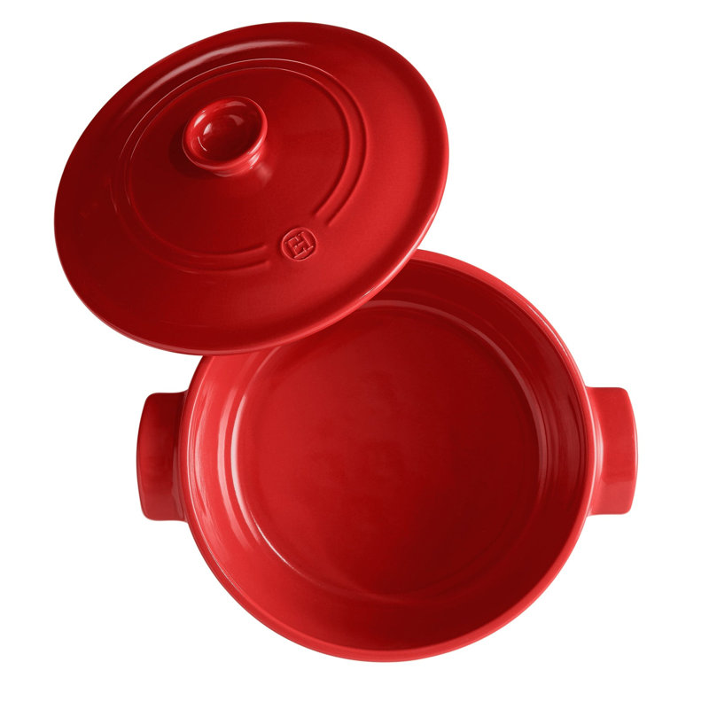 Emile Henry Ceramic Finish Flame Round Stewpot Dutch Oven, 4.2 Quart, Charcoal, Red, 3 quarts