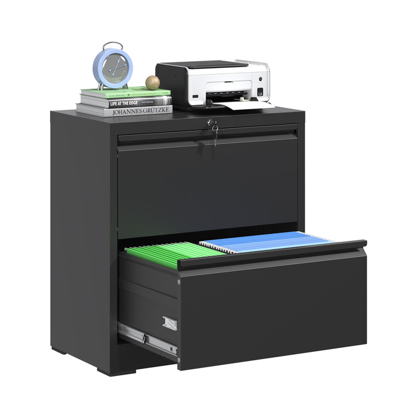 Black Steel 2-Drawer Lockable Lateral File Cabinet