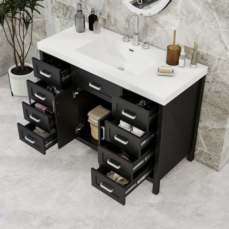 Meuble-lavabo en bois avec lavabo et tiroirs de rangement, Noir