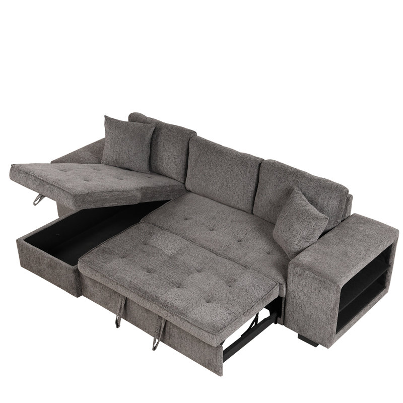 104.5" L-shape Sectional With Sleeper Function, Storage Chaise And 2 Stools, Charcoal Living Space Reversible Bed & Comfy Linen Fabric,