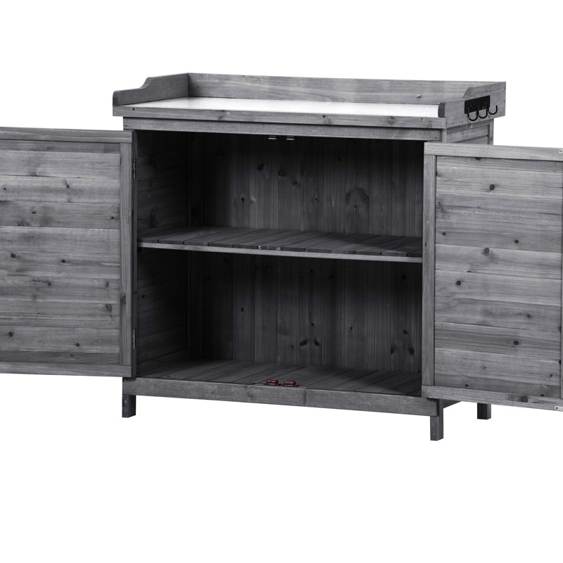 Table de jardin pour l'extérieur, rustique gris 39 po avec plateau de table galvanisé et 2 tablettes, fabriquée en bois de sapin pour armoire de stabilité, crochets latéraux et beaucoup d'espace