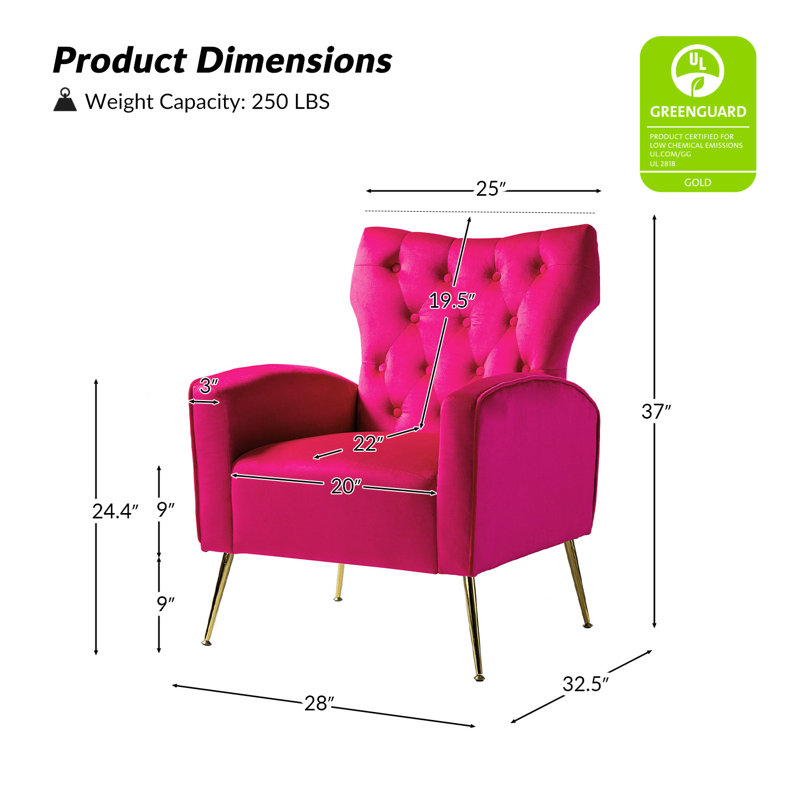 Consolata 37" H Velvet Wingback Chair with Button Tufting and Metal Legs, Fuchsia Velvet