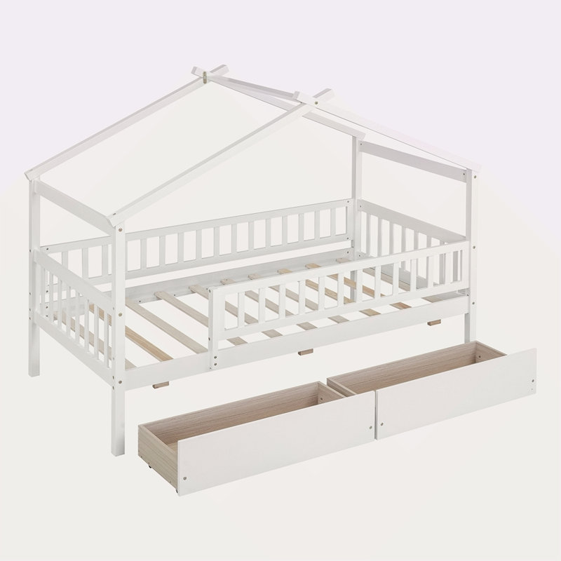 Lit simple en bois avec deux tiroirs, Blanc