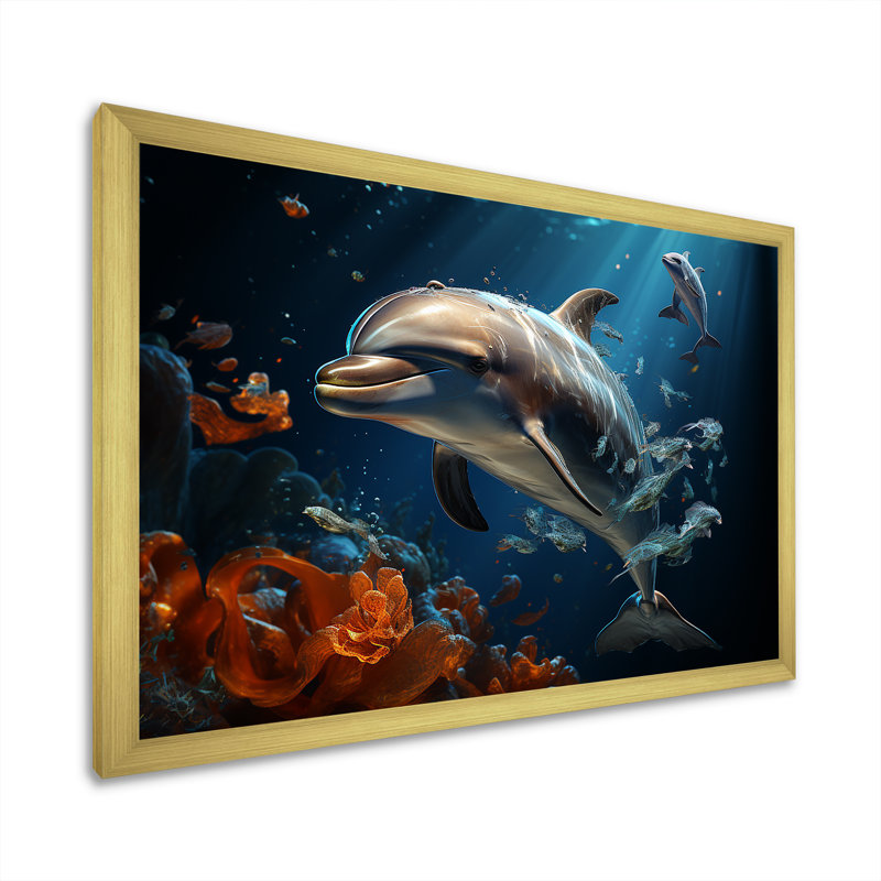 Dauphin éternel dansant II sur toile, Cadre doré à coins fermés, H 30 po x l 40 po x P 1,5 po