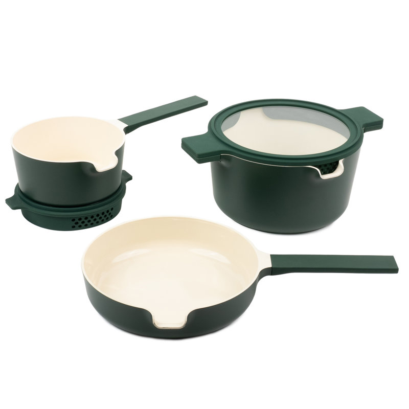 Alva Neat 5-Piece Stackable Ceramic Nonstick Cookware Set with Glass Lids, Green