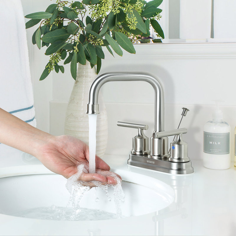 4 in. Centerset 2-handle High Arc Bathroom Faucet with Drain Assembly, Brushed Nickel