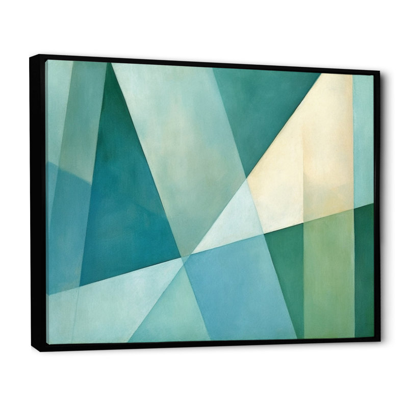«Green Blue Abstract Geometric Fusion II - Abstract Shapes», art encadré, Cadre flottant noir, H 12 po x l 20 po x P 1 po