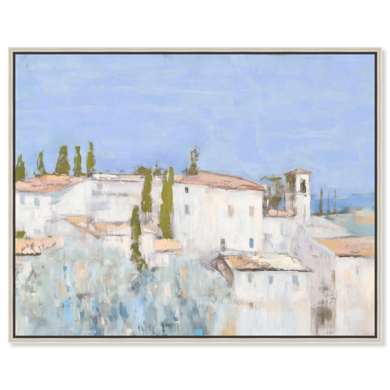 Paysage européen sur toile européenne par Art Remedy, H 31 po x l 37 po, Cadre flottant argent