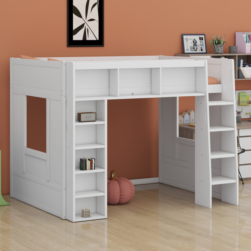 Wooden Loft Bed With Storage Cabinets And Shelves, White