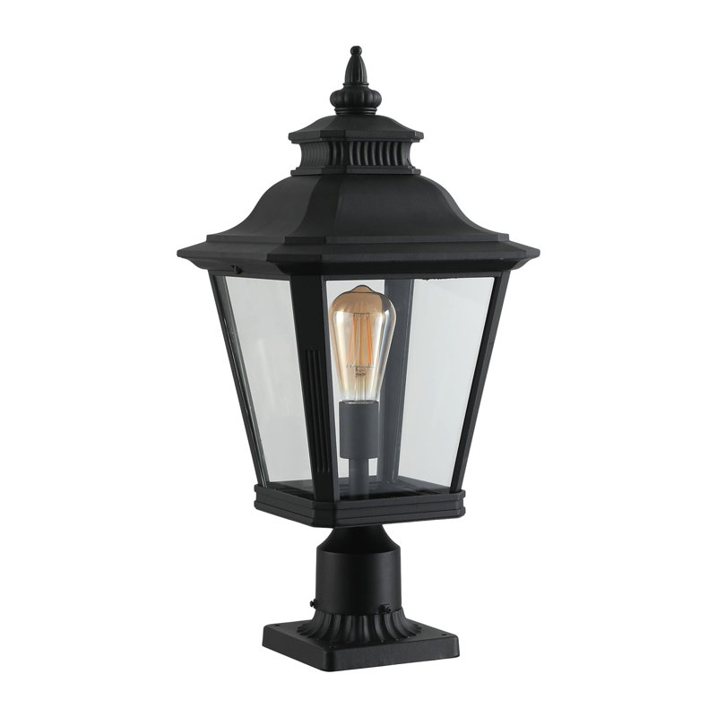 21 In. High Vintage Outdoor Post Lantern Light For Garden Yard Outdoor Black Metal & Clear Glass Post Light Fixture Pillar Lamp With Pier Mount