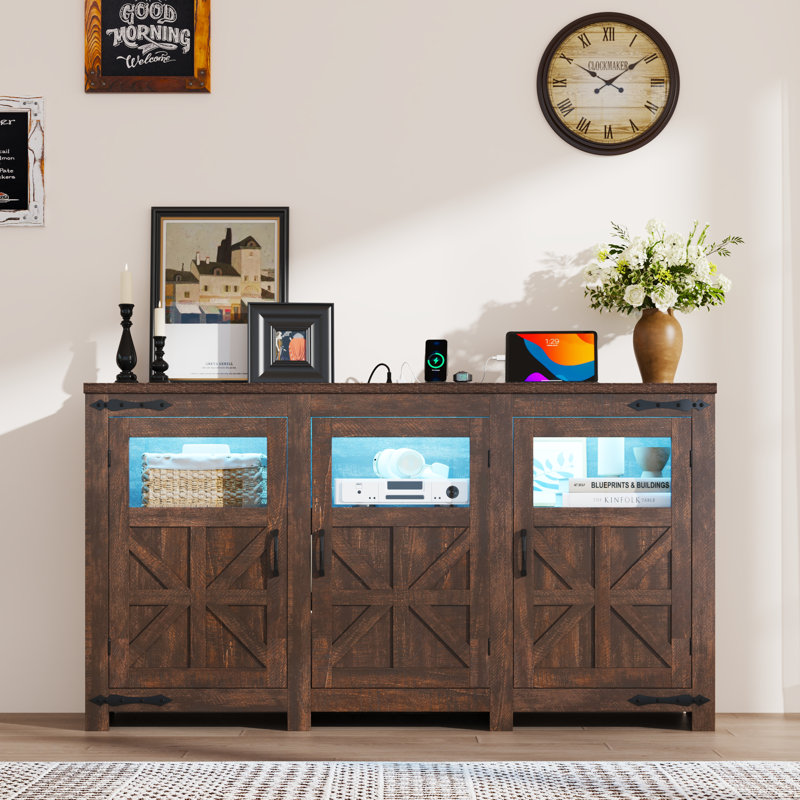 74" LED Farmhouse TV Stand For Tvs Up To 85" With Power Outlets And Adjustable Shelves, 35.5" H x 74" L x 15.75" W