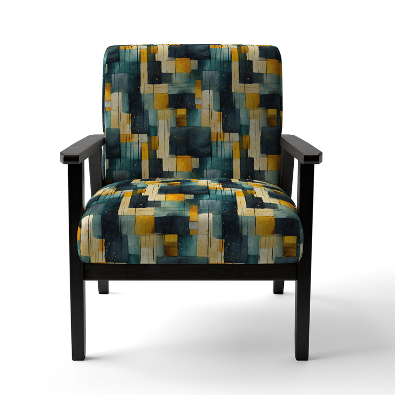 Yellow And Teal Abstract Geometric Fusion - Upholstered Modern Arm Chair, Modern Geometric Accent Chair